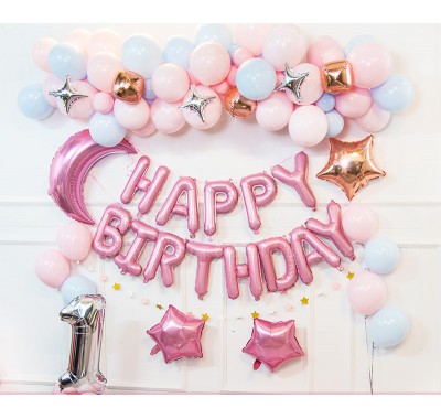 Set trang trí sinh nhật hồng cho bé 1 tuổi